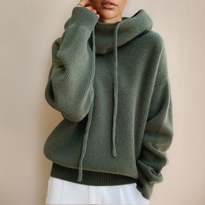 Sloane oversized cowl neck hoodie in olive green, close-up detail