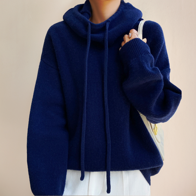 Sloane oversized turtleneck hoodie in navy, front view with long sleeves