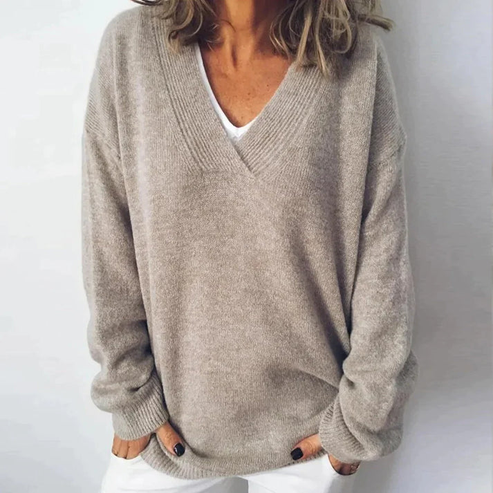 Sofia relaxed fit V-neck jumper, close-up front view