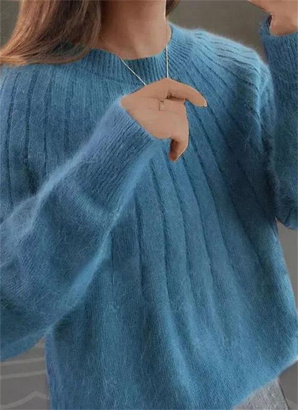Sofie ribbed crew neck long sleeve sweater in blue, close-up front view