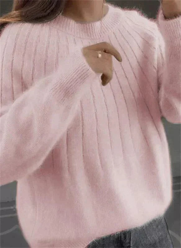 Sofie ribbed crew neck long sleeve sweater in light pink, close-up front view