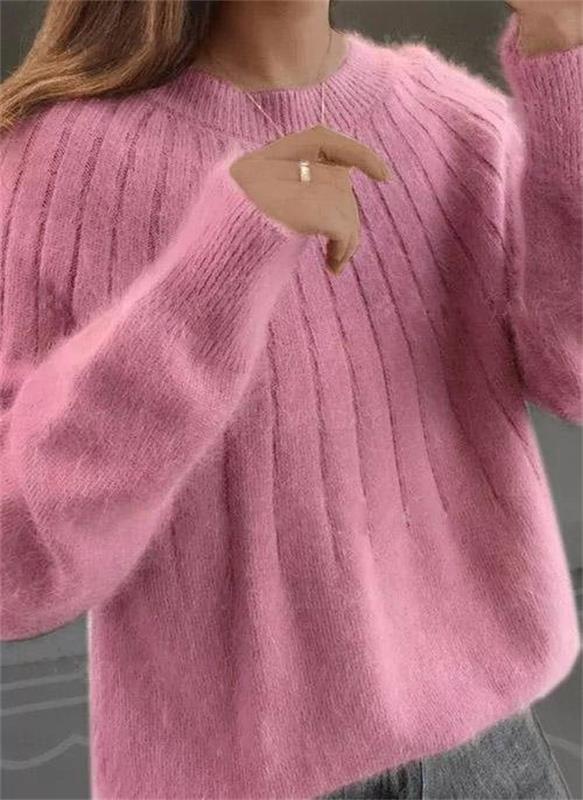 Sofie ribbed crew neck long sleeve sweater in pink, close-up front view