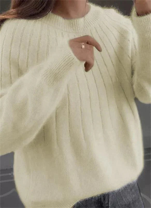 Sofie ribbed crew neck long sleeve sweater in light yellow, close-up front view