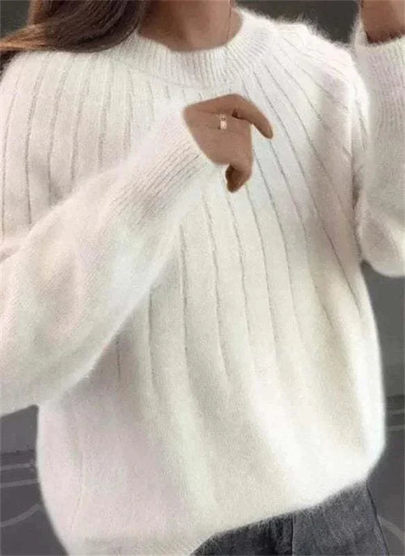 Sofie ribbed crew neck long sleeve sweater in white, close-up front view