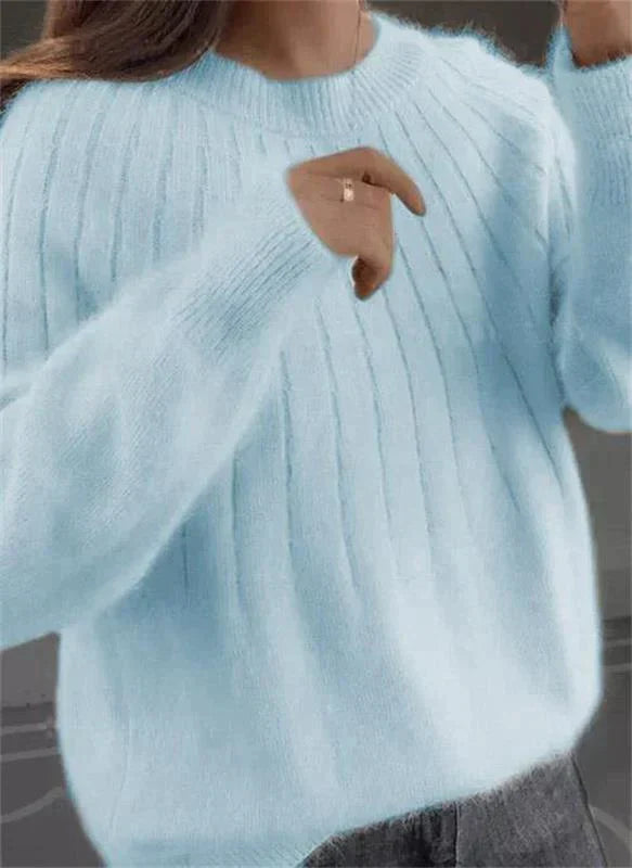 Sofie ribbed crew neck long sleeve sweater in light blue, close-up front view