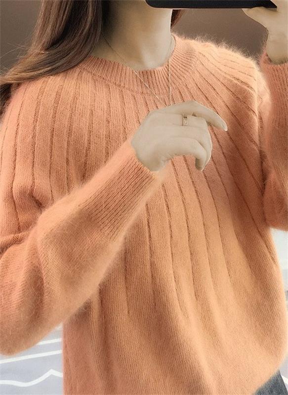 Sofie ribbed crew neck long sleeve sweater in orange, close-up front view