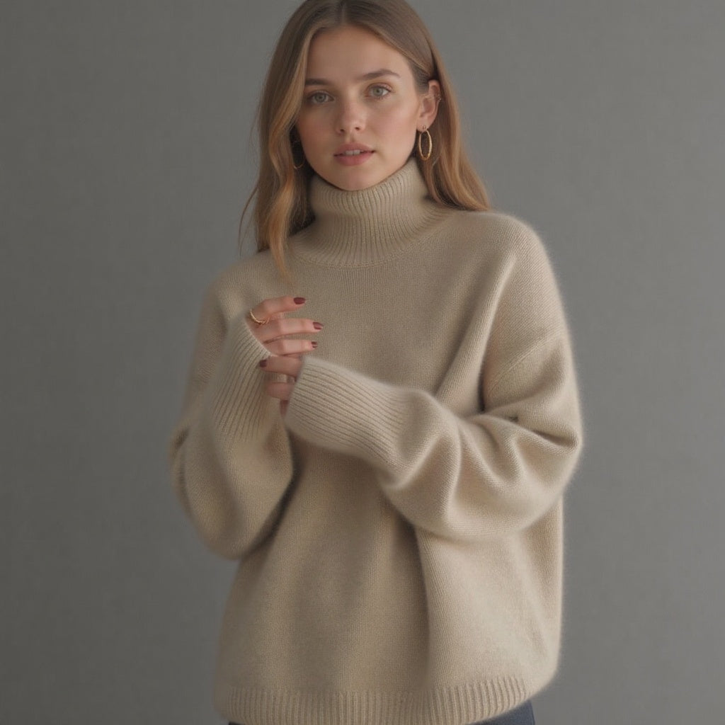 Sydney oversized turtleneck sweater in beige, front view with hoop earrings