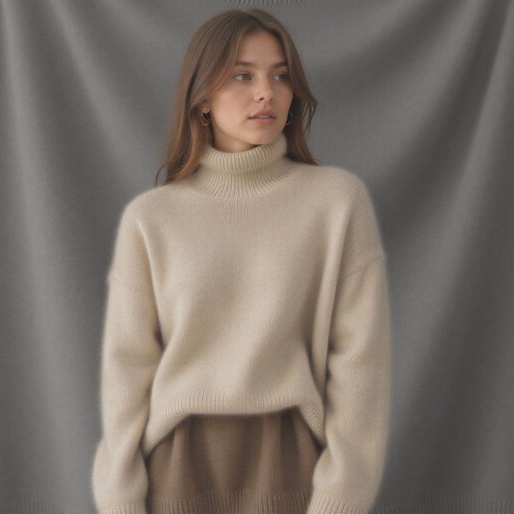 Sydney turtleneck sweater in beige, side angle against curtain backdrop