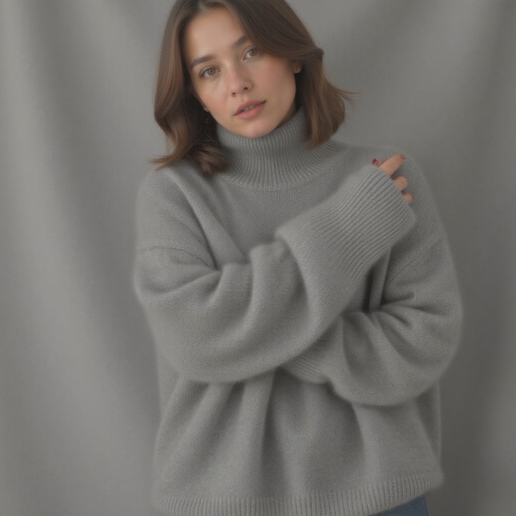 Sydney oversized turtleneck sweater in gray, model with arms crossed