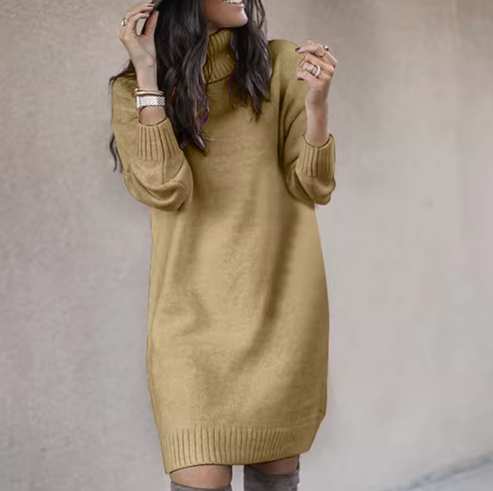 Talulah turtleneck sweater dress in khaki, front view