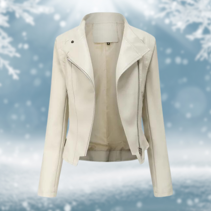Thalia beige faux leather moto jacket, front view