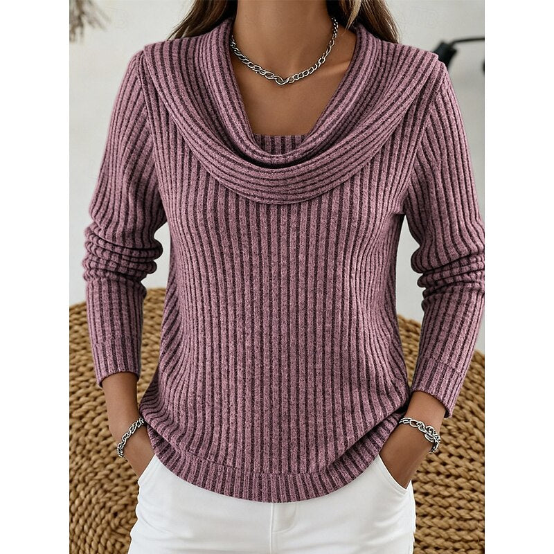 Theodora blue cowl-neck ribbed sweater, front view close-up