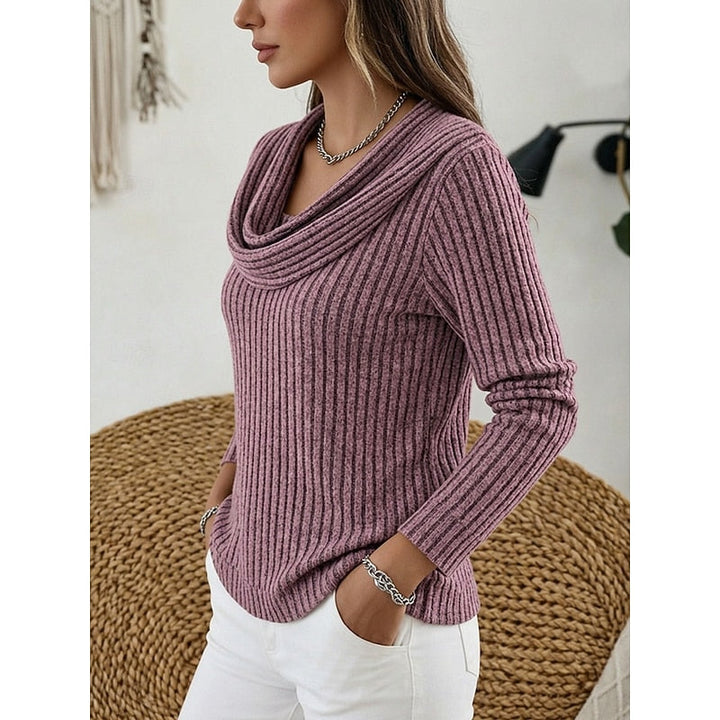 Theodora blue cowl-neck ribbed sweater, front view close-up