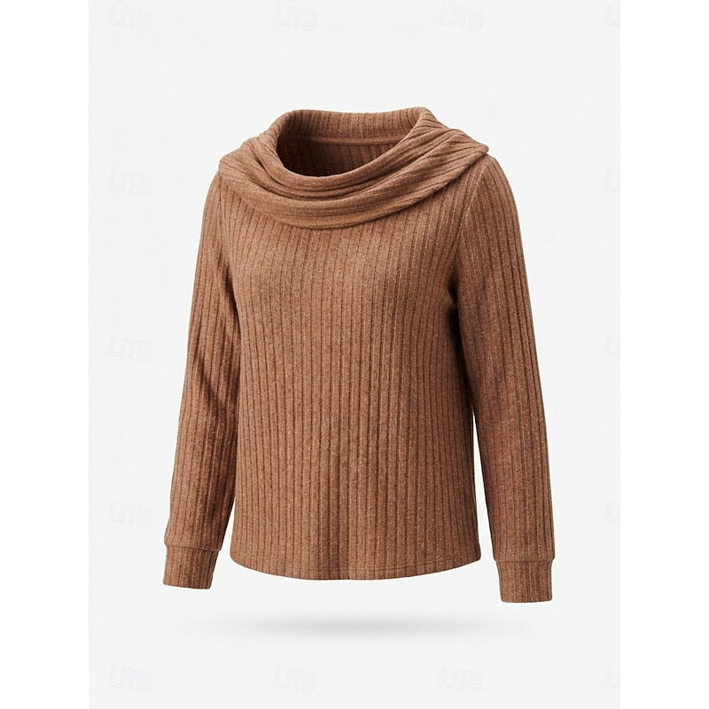 Theodora blue cowl-neck ribbed sweater, front view close-up