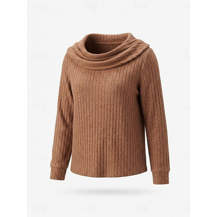 Theodora blue cowl-neck ribbed sweater, front view close-up