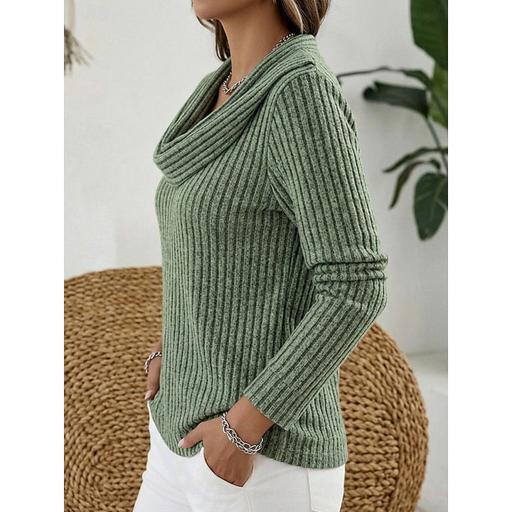 Theodora green cowl-neck ribbed sweater, side profile view