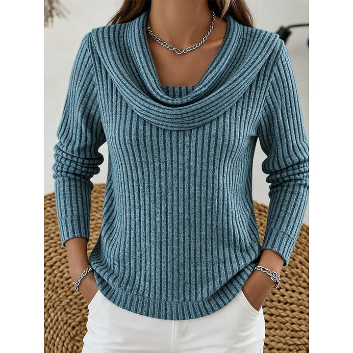 Theodora blue cowl-neck ribbed sweater, front view close-up