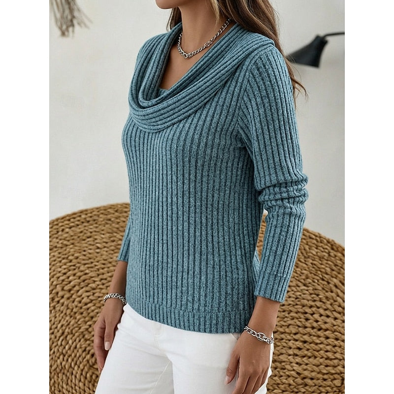Theodora blue cowl-neck ribbed sweater, front view close-up