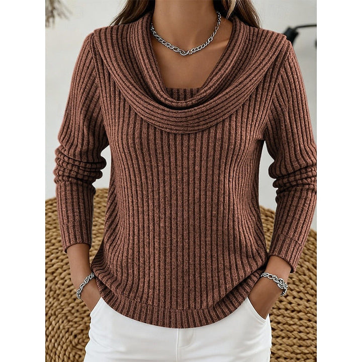 Theodora blue cowl-neck ribbed sweater, front view close-up
