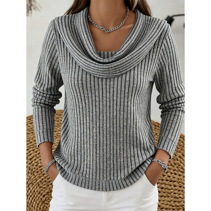 Theodora blue cowl-neck ribbed sweater, front view close-up