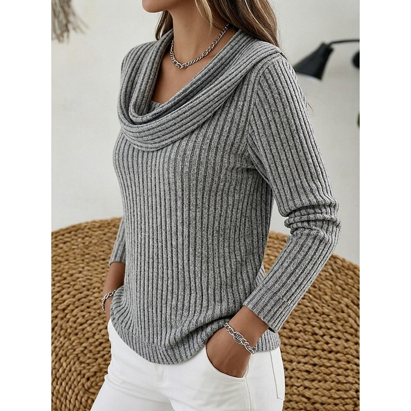 Theodora blue cowl-neck ribbed sweater, front view close-up