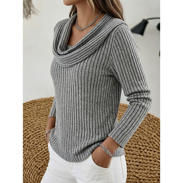Theodora blue cowl-neck ribbed sweater, front view close-up