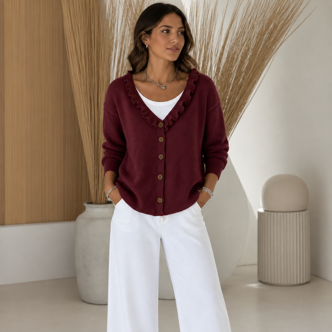 Thomasina ruffle collar cardigan sweater, kitchen lifestyle scene