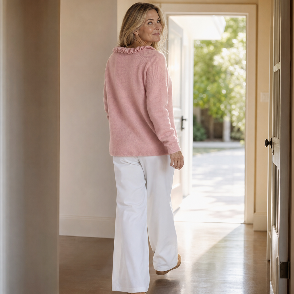 Thomasina ruffle collar cardigan sweater, kitchen lifestyle scene