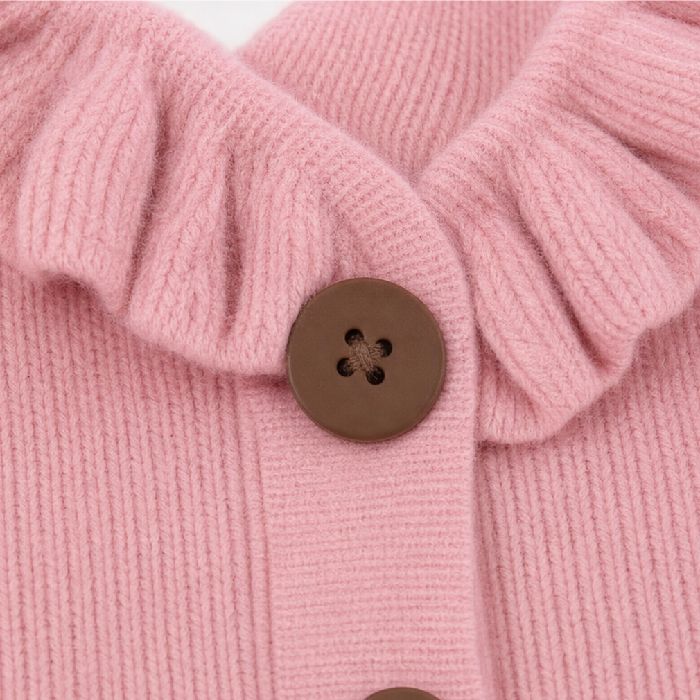 Thomasina ruffle collar cardigan sweater, kitchen lifestyle scene