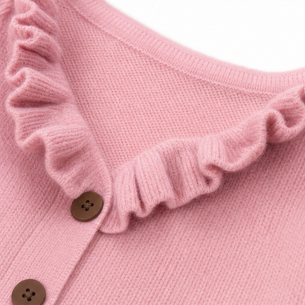 Thomasina ruffle collar cardigan sweater, kitchen lifestyle scene