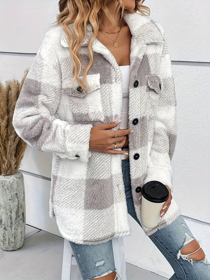 Vesper plaid fleece cardigan with button front, close-up front view