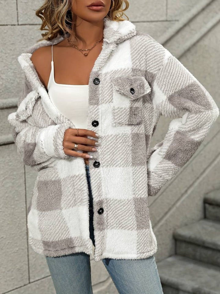 Vesper plaid fleece cardigan, styled front view with accessories