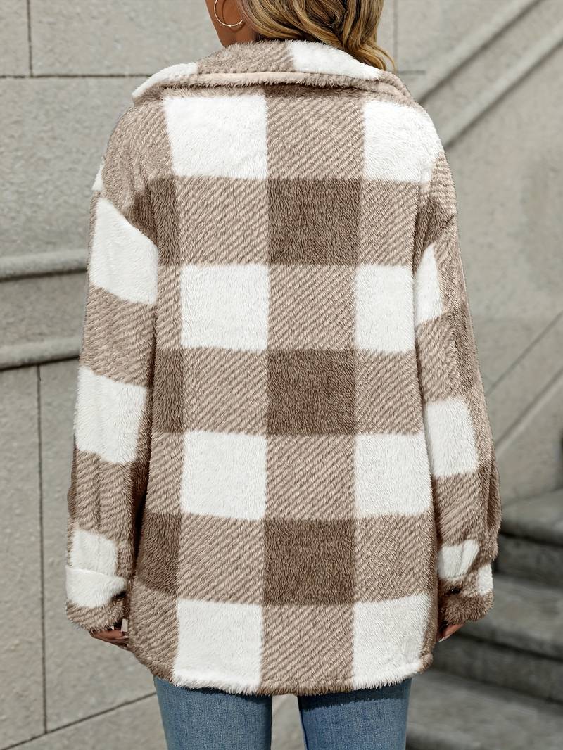 Vesper plaid fleece cardigan, styled front view with accessories