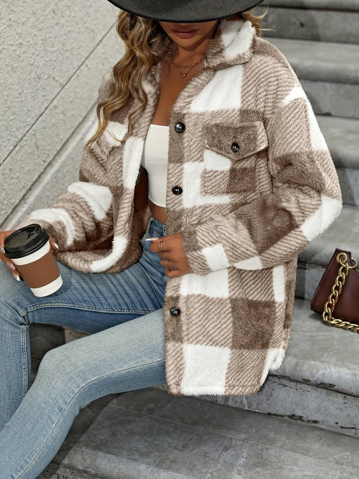 Vesper plaid fleece cardigan in tan and white, front view