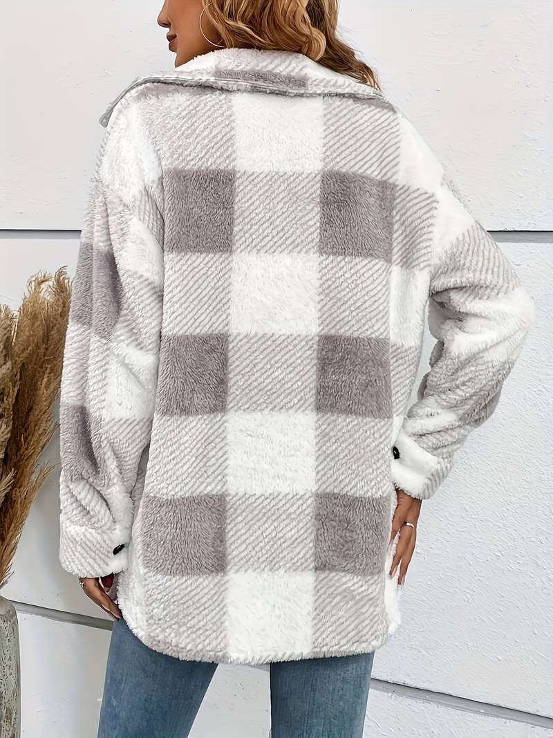 Vesper plaid fleece cardigan, back view