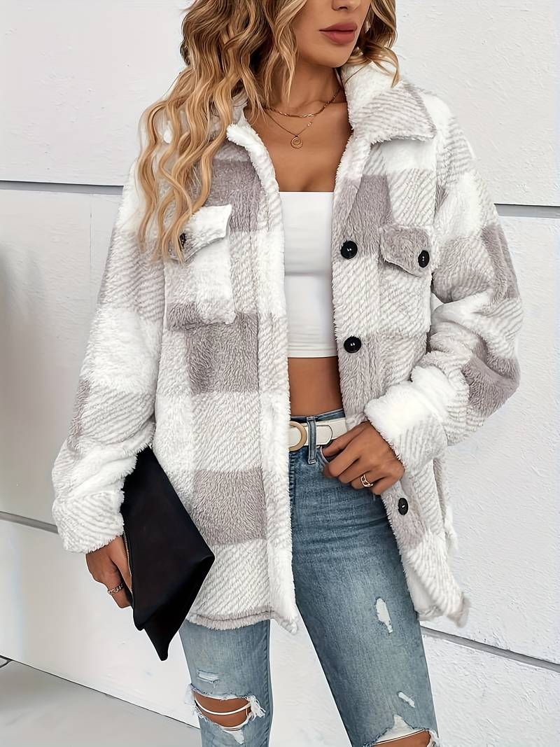 Vesper plaid fleece cardigan, styled front view with accessories