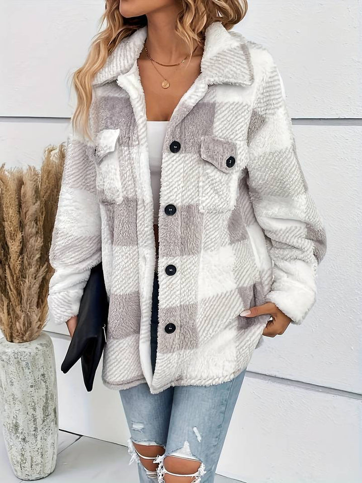 Vesper plaid fleece cardigan, styled front view with accessories