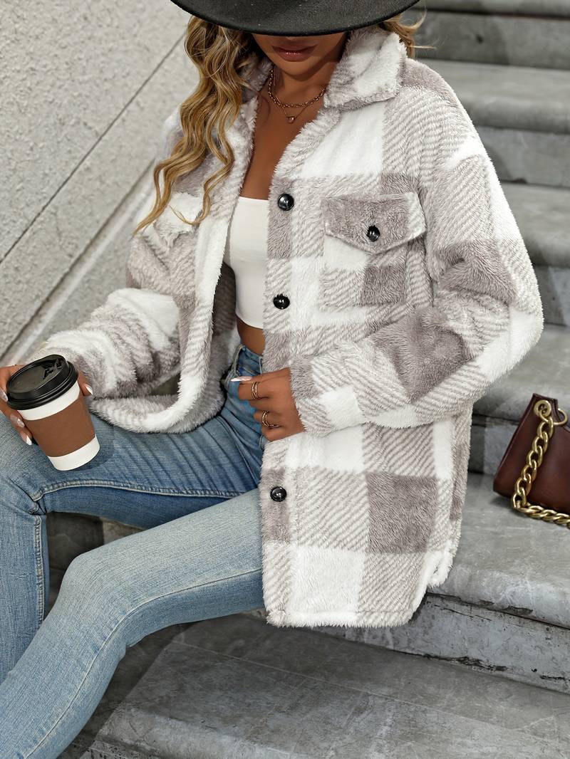 Vesper plaid fleece cardigan, styled front view with accessories
