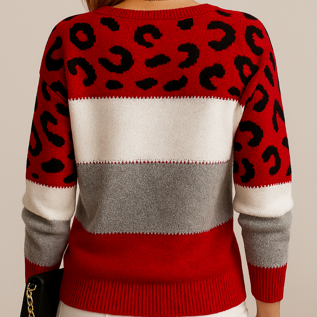 Viola color block leopard print sweater in red colorway, back view