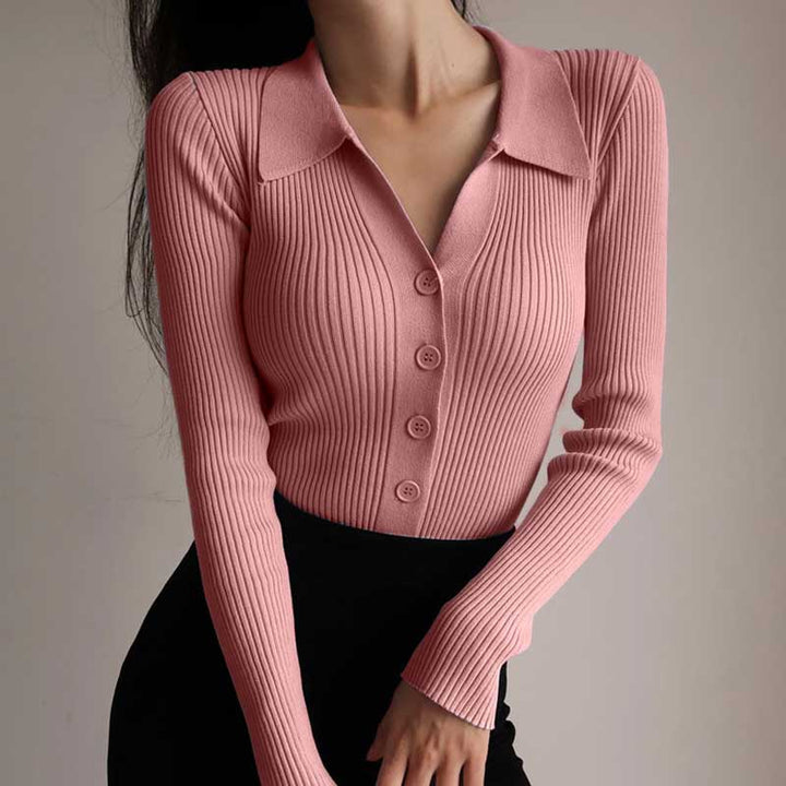 Vivian pink ribbed collared cardigan with buttons, front view