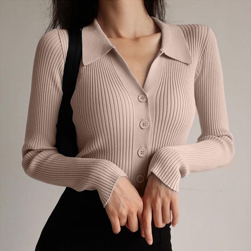 Vivian beige ribbed collared cardigan with buttons, front view