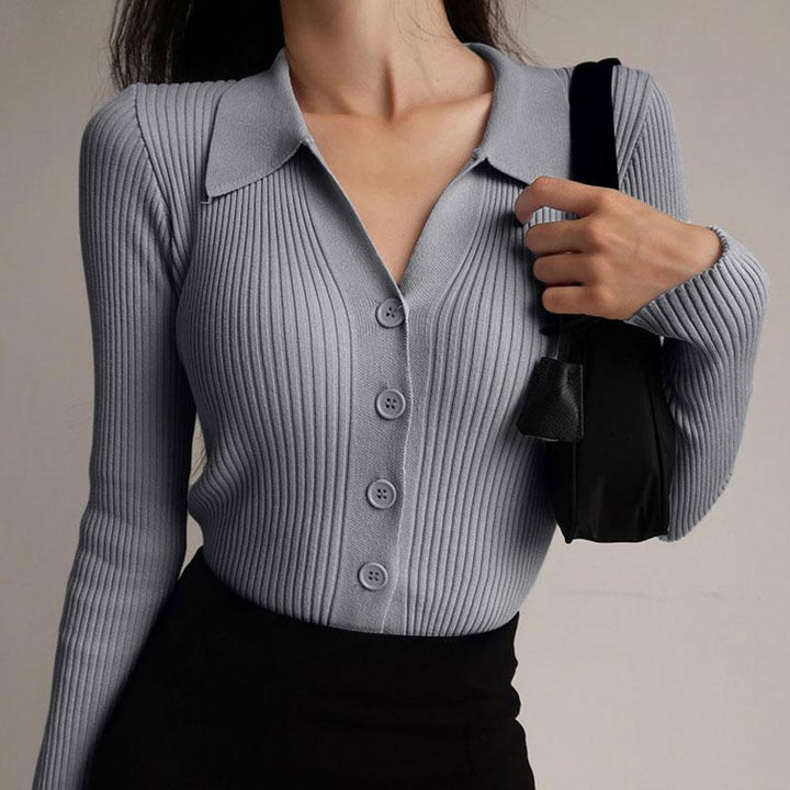 Vivian gray ribbed collared cardigan with buttons, front view