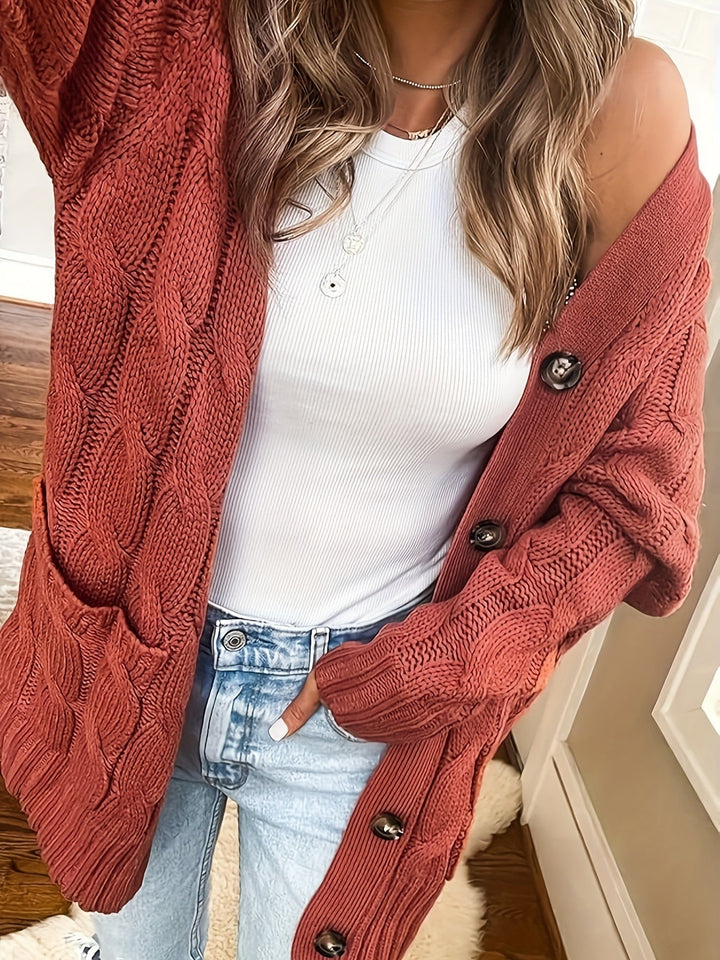 Vivienne cable knit button cardigan in brick red, front view detail