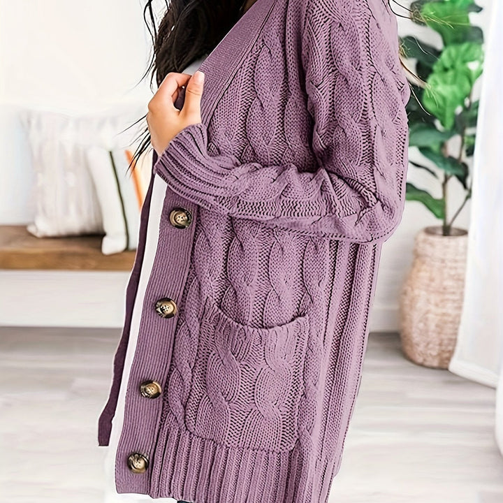 Vivienne cable knit button cardigan in mauve, side view detail