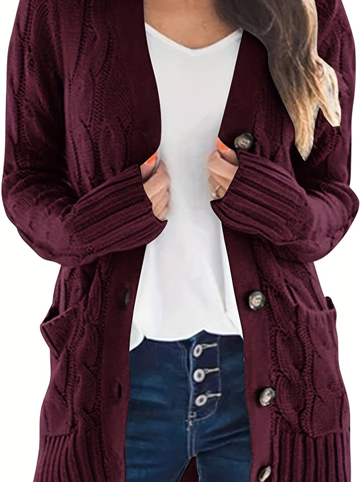 Vivienne cable knit button cardigan in burgundy, front view with hands in pockets