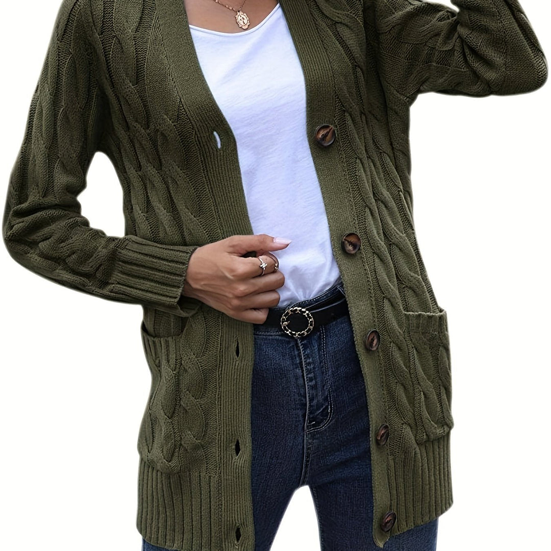 Vivienne cable knit button cardigan in army green, front view detail