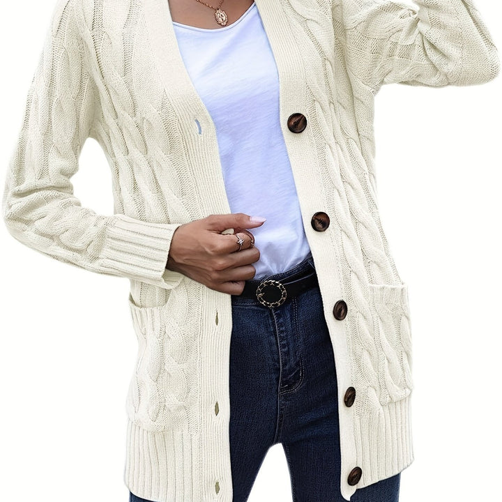 Vivienne cable knit button cardigan in off-white, front view detail
