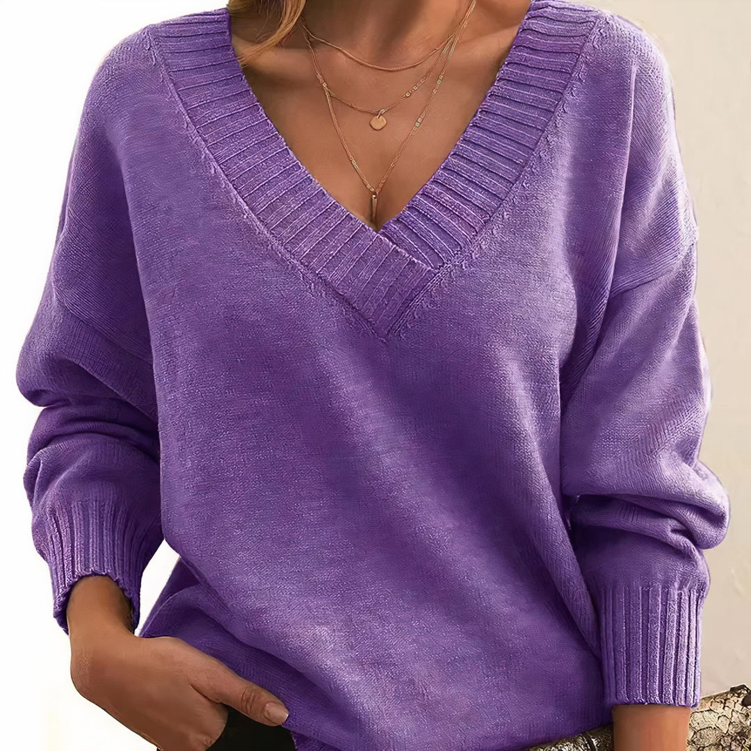 Vivienne deep V-neck relaxed fit sweater in purple, front view close-up