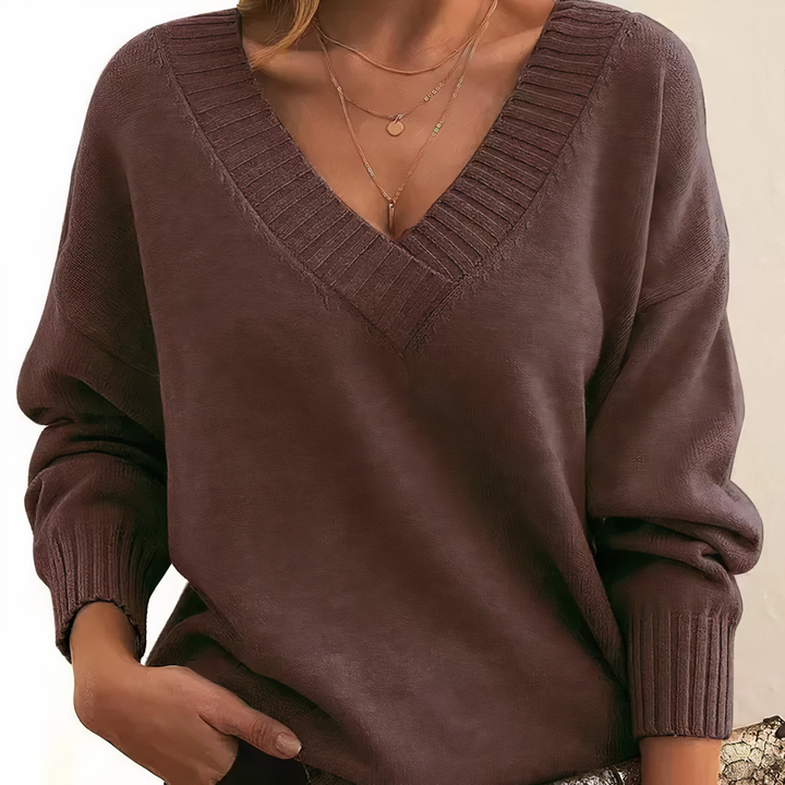 Vivienne deep V-neck relaxed fit sweater in beige, front view close-up