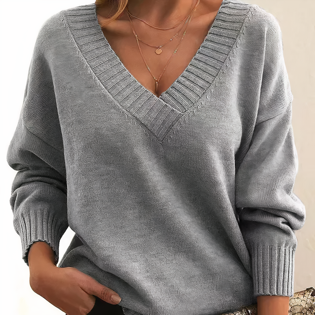 Vivienne deep V-neck relaxed fit sweater in beige, front view close-up